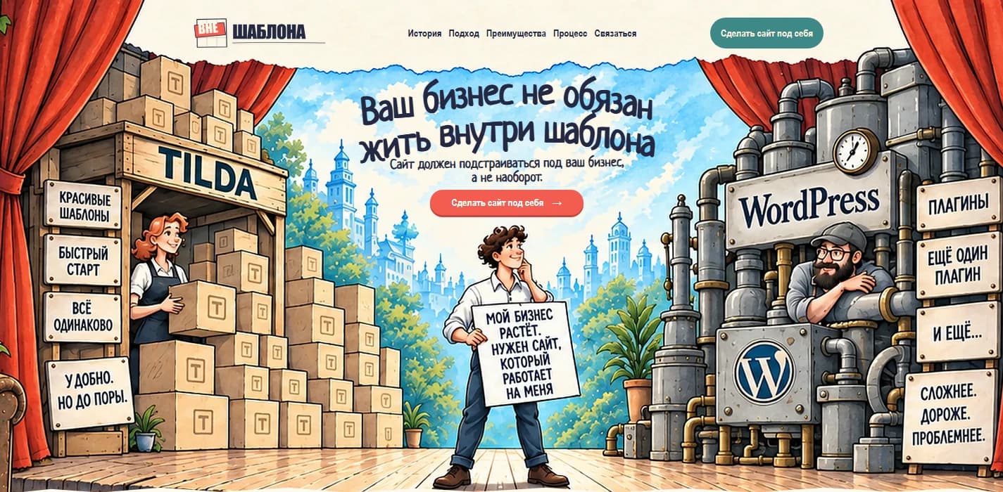 Homepage of the VNE SHABLONA illustrated landing page