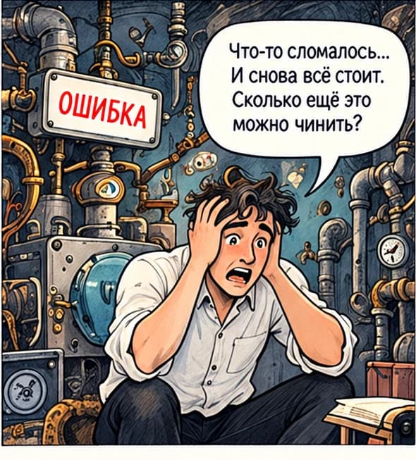 Comic panel: a business owner beside a broken system