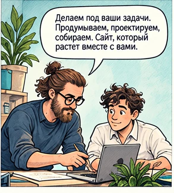 Comic panel: a developer and a business owner planning a website together