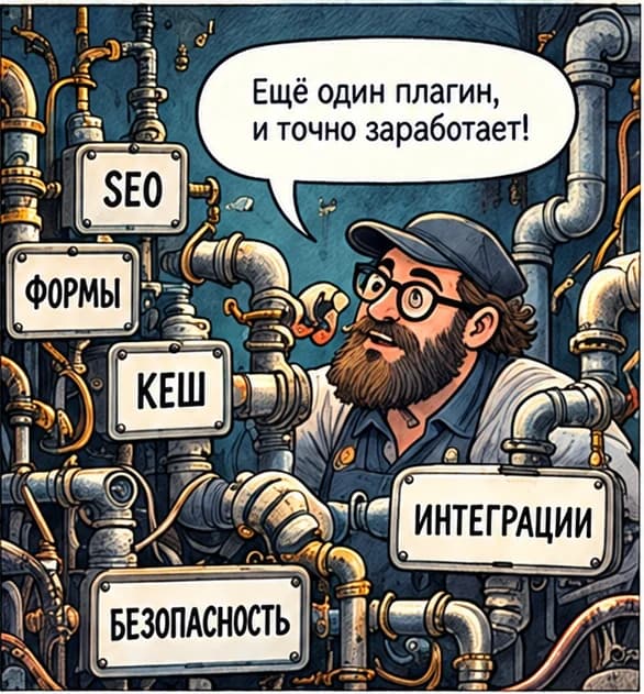 Comic panel: a WordPress mechanic surrounded by pipes and plugins
