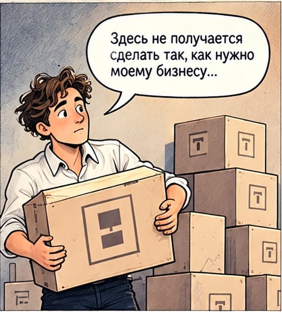 Comic panel: a business owner holds a template box and thinks about a website