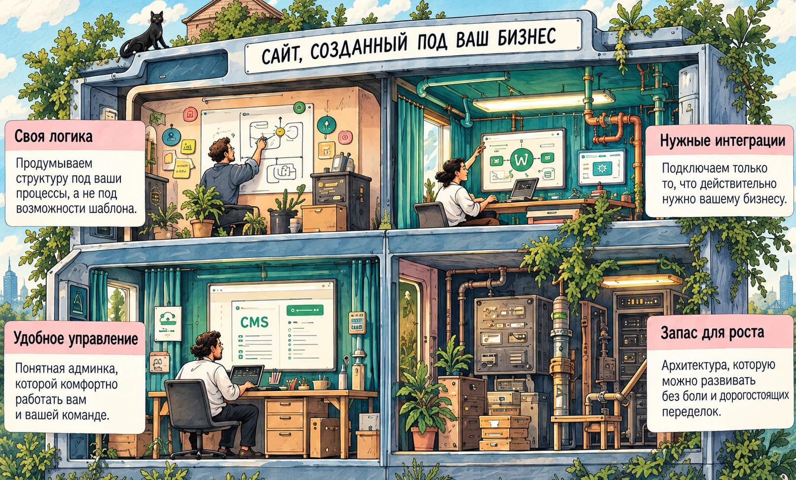 Illustrated workshop with planning, integrations, CMS, and room to grow
