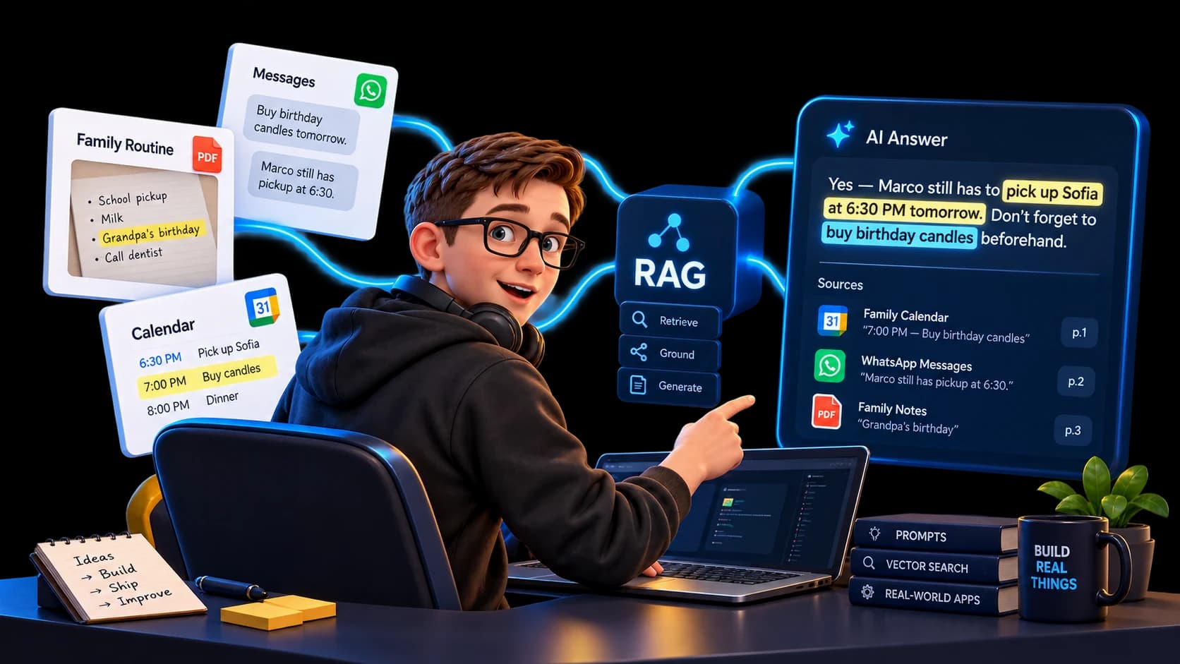 The mascot connects source documents to grounded answers in an AI system