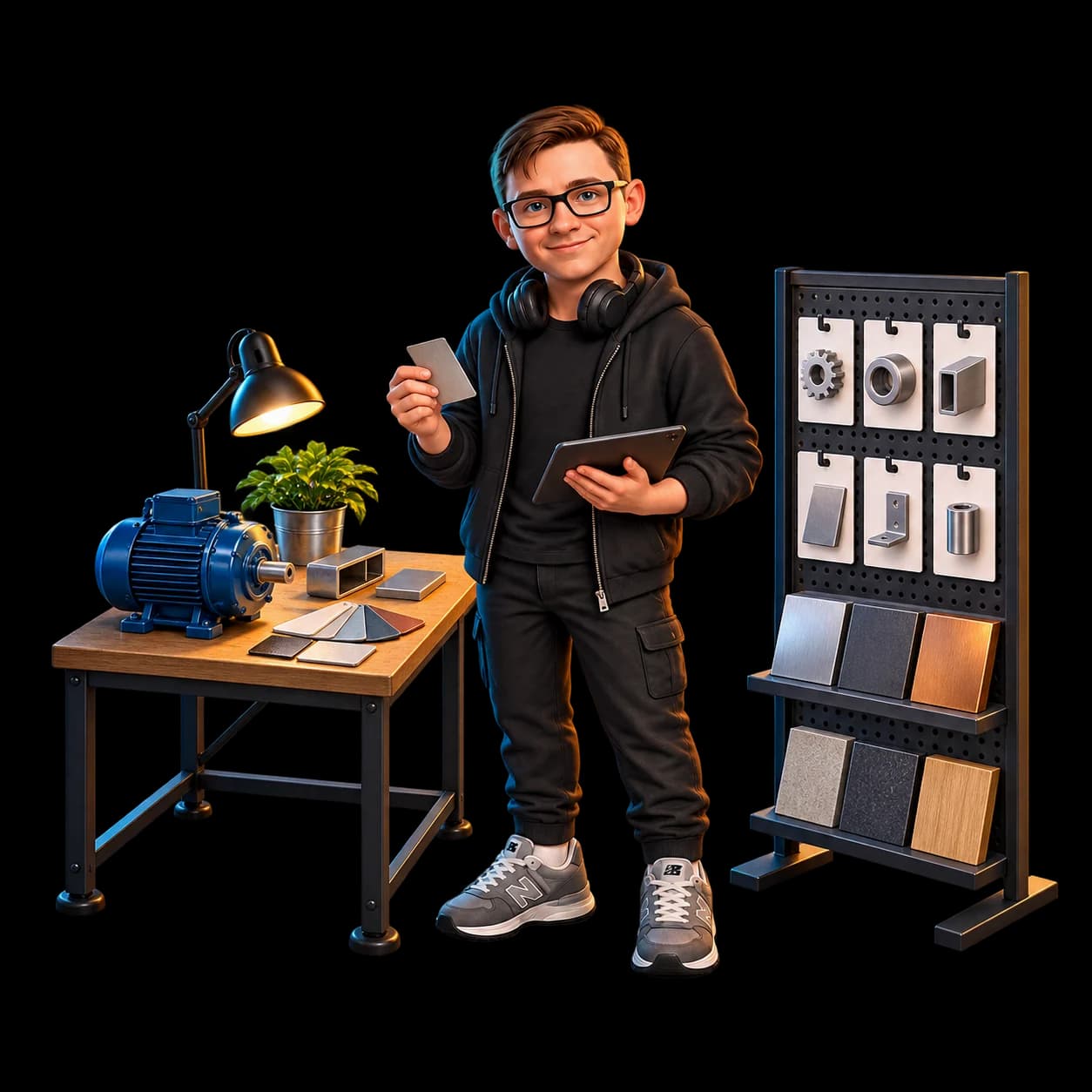 Mascot arranges products and materials into a catalog