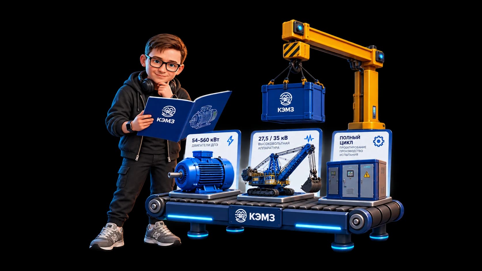 The mascot assembles a KEMZ industrial equipment catalog