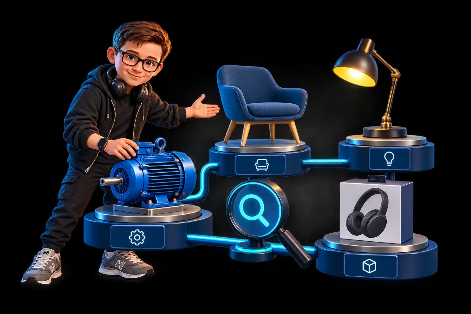 The mascot arranges an industrial motor, chair, lamp and headphones in a custom product catalog