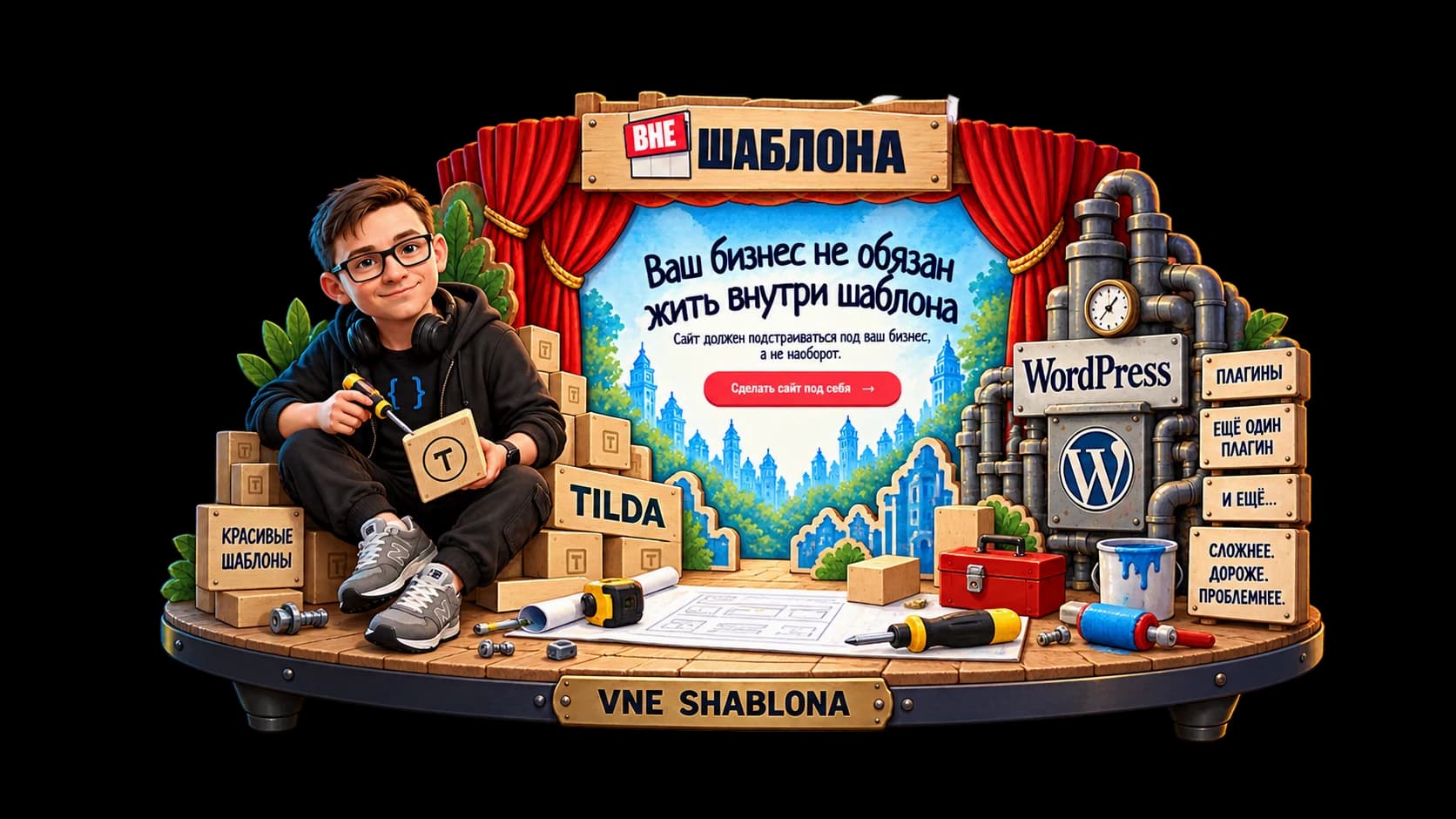 The mascot assembles the VNE SHABLONA landing page in his workshop