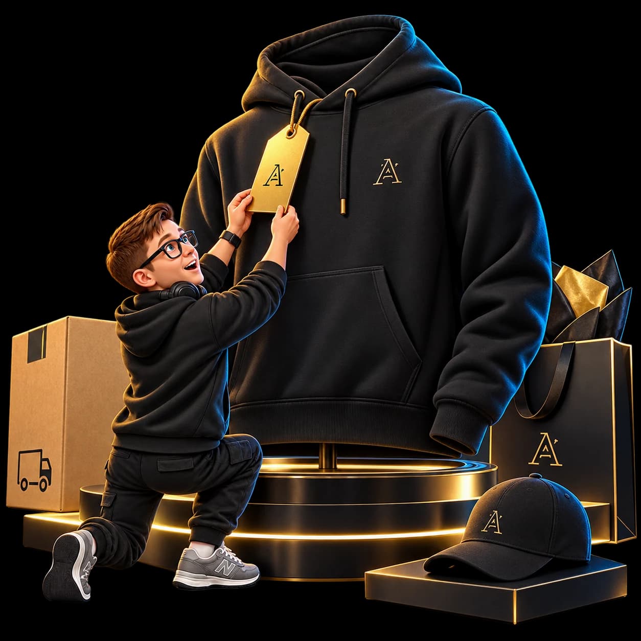 The mascot prepares a product for a clothing store