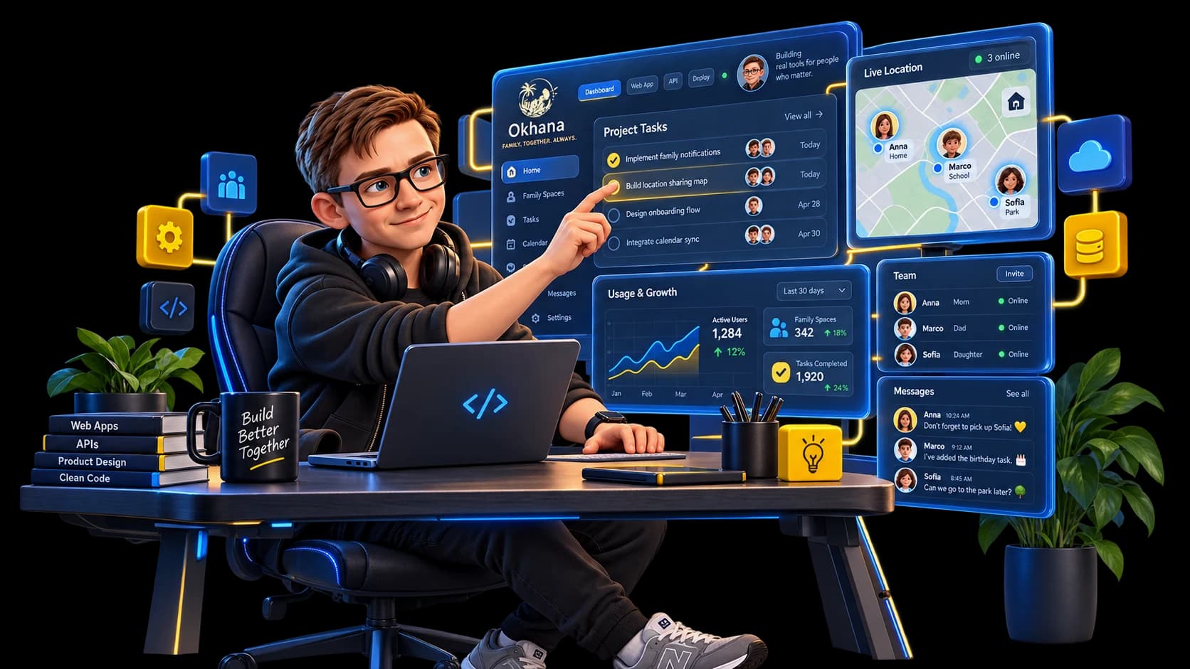 The mascot builds a web application with a map, tasks and live data