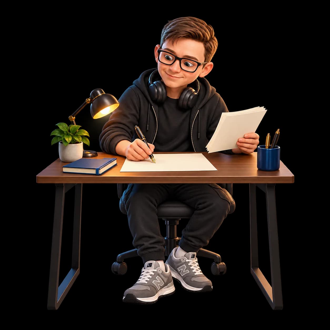 Oleg writing at his desk