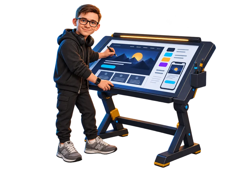 Oleg's mascot designing a website interface at a drafting desk