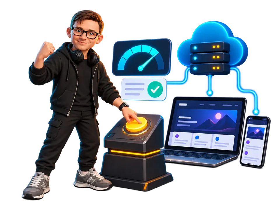 Oleg's mascot launching a site and checking it on a computer and phone