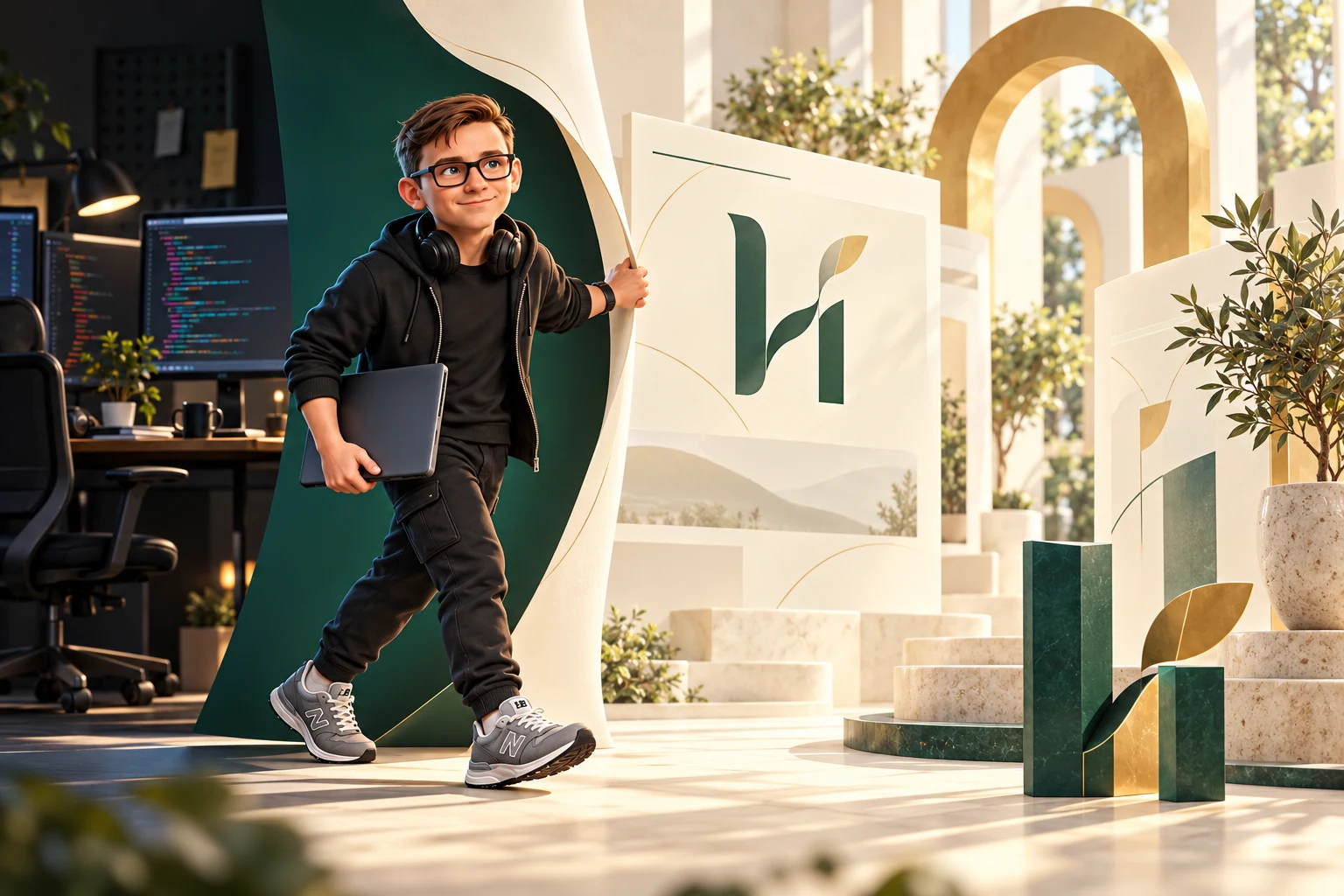 Oleg's developer mascot opens a portal into the emerald and ivory visual world of the financial advisory website