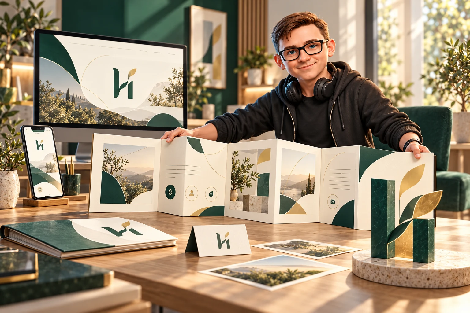 The mascot presents the finished website as an unfolding portfolio, bringing the identity, pages and mobile layout together