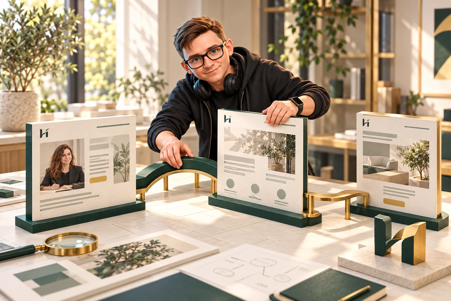 The developer mascot connects service and article pages on an ivory worktable in the client's brand palette