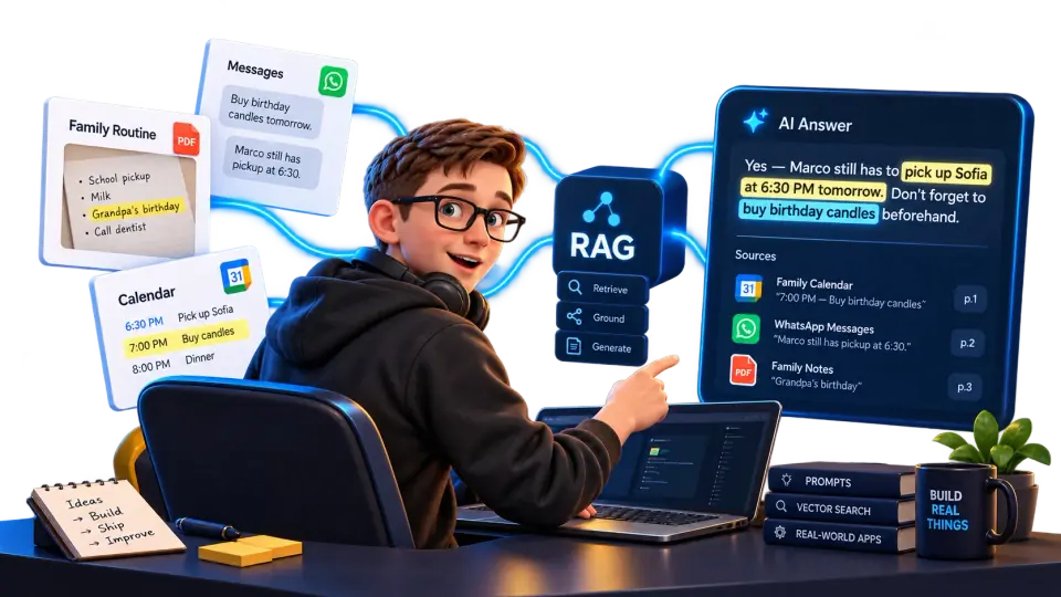 The mascot connects source documents to grounded answers in an AI system
