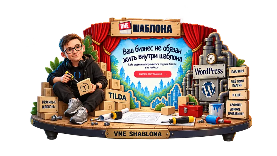 The mascot assembles the VNE SHABLONA landing page in his workshop