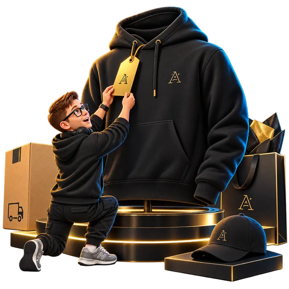 The mascot prepares a product for a clothing store
