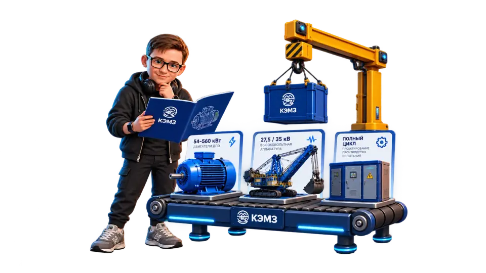 The mascot assembles a KEMZ industrial equipment catalog